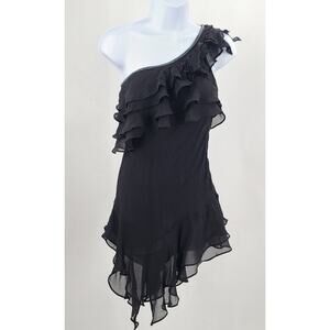 Orna Faro Vintage Y2K women's black silk ruffle tiers one shoulder dress Sz 40